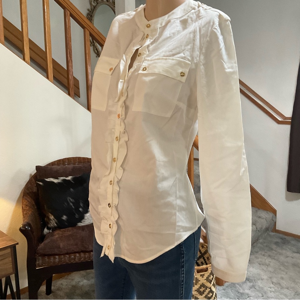 Anne Fontaine Reno Ruffled White Button Down Shirt Blouse with Gold Buttons - Picture 2 of 10